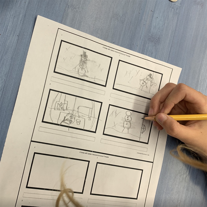A closeup of a storyboard that is being sketched by kids for their upcoming act/ film.